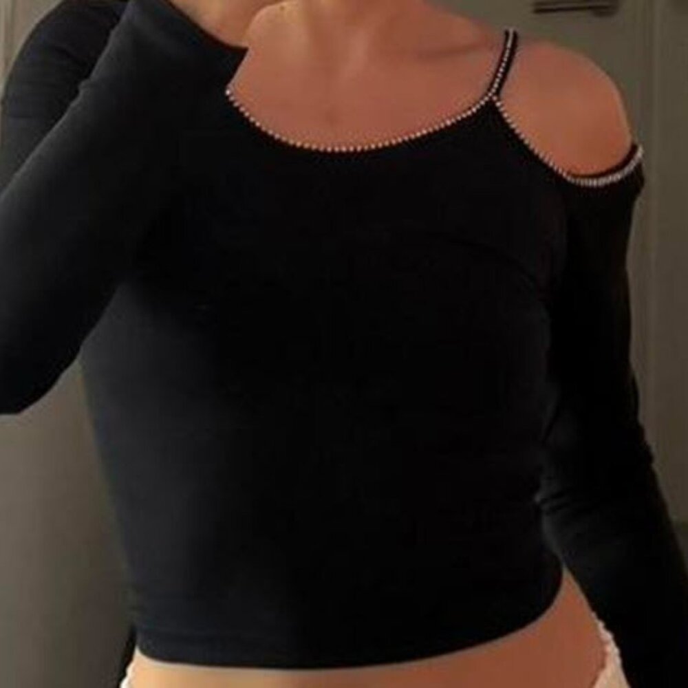 NWOT Women's Zara Black Crop Top with Rhinestone Trim Detail Size M-L